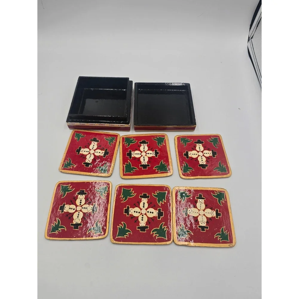 Vintage Foreside Hand-Painted Lacquer Wood Christmas Coaster Set of 6 with Box